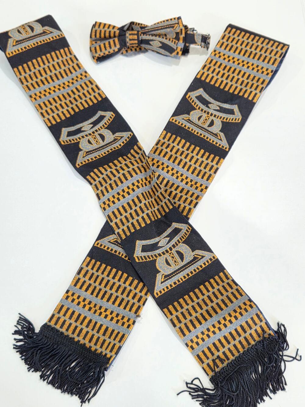 Kente sash/scarf with a matching bowtie Gold & Black Stool/Throne Motif